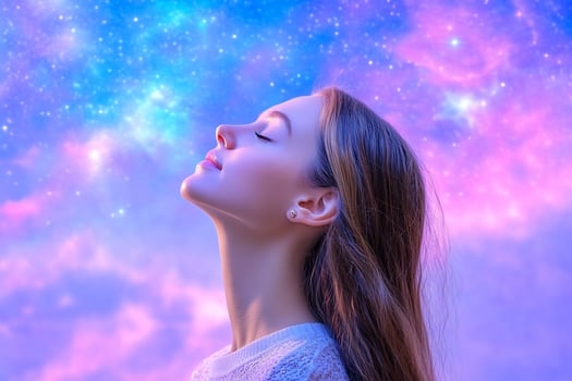 Woman in serene meditation with dreamy sky background for wellness and relaxation concepts photo