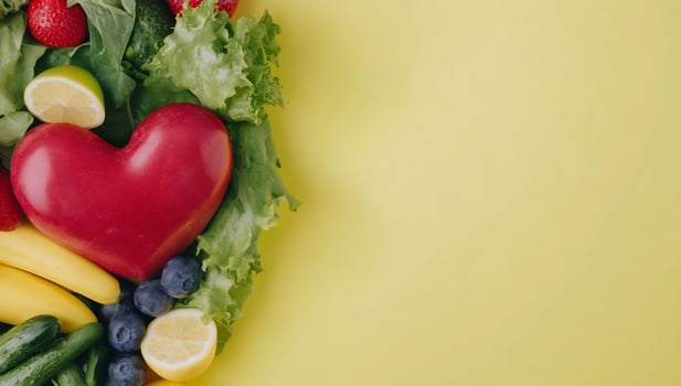 Healthy eating produce flat lay with heart symbol photo