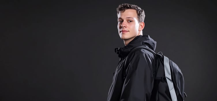 Young man with backpack standing confidently on gray background photo