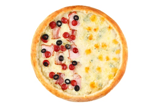 Half-and-half pizza with one side topped with bacon, olives, and pepperoni, and the other side covered in a four-cheese blend. photo