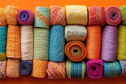 Stacked rolls of assorted woven fabric in vibrant colors create a textured background photo