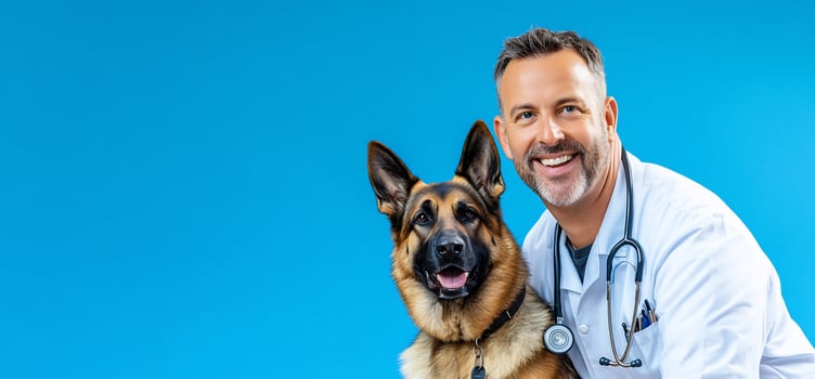 Veterinarian examining german shepherd dog in blue background healthcare theme photo