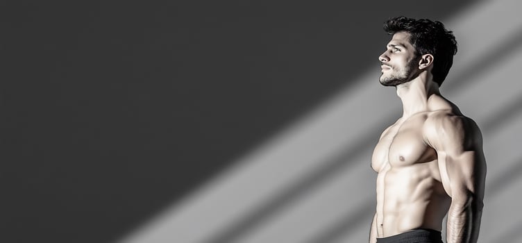 Muscular man torso posing in studio with light and shadow fitness and bodybuilding concept photo