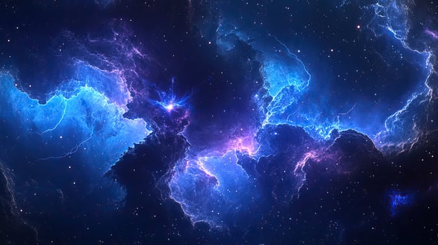 Electric blue and purple nebulas intertwine among distant stars in this stunning cosmic vista photo