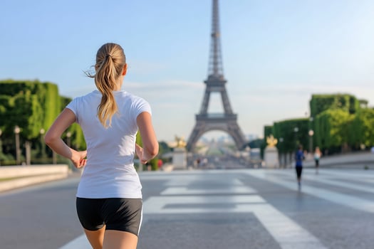 Woman running outdoor active lifestyle fitness and urban exploration exercise photo