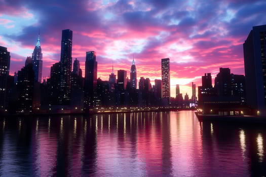 Urban skyline with water reflection and dramatic sky at sunrise or sunset photo