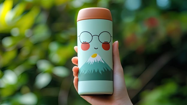 Closeup of a fair hand holding a mint green tumbler featuring a cartoon face and mountain photo