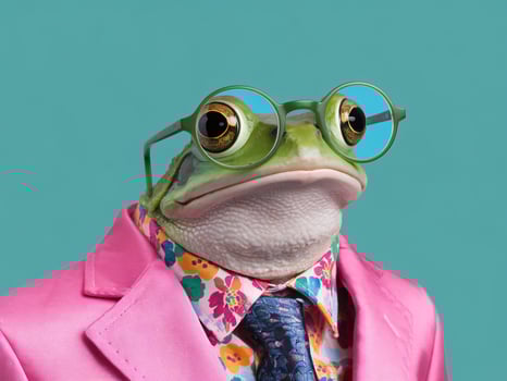 A whimsical frog in glasses, wearing a bright pink suit and floral shirt, exudes charm and personality. photo