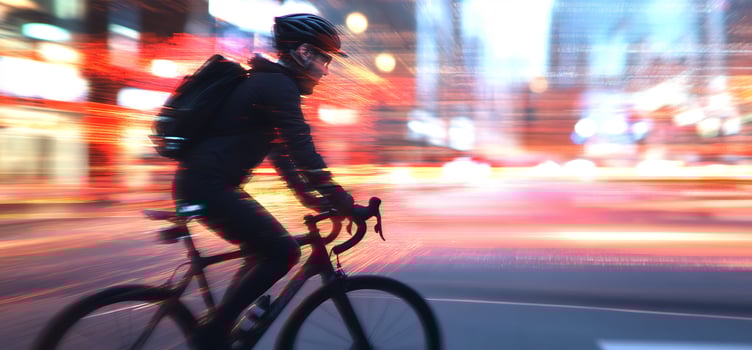 Cyclist in motion through urban cityscape dynamic motion blur photo