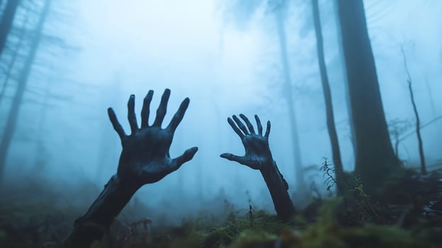 Reaching hands in foggy forest mysterious supernatural concept photo