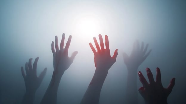 Reaching hands in mist towards light hopeful aspiration concept photo