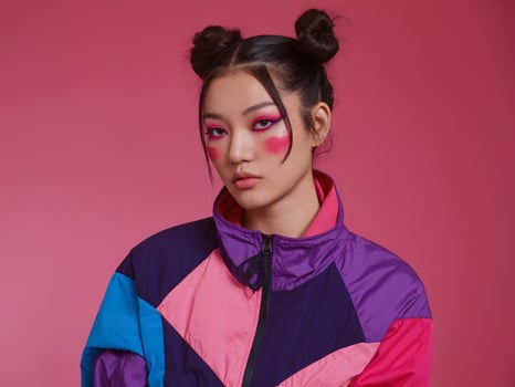 A young Asian woman with colorful makeup and stylish hair stands against a vibrant pink background. photo
