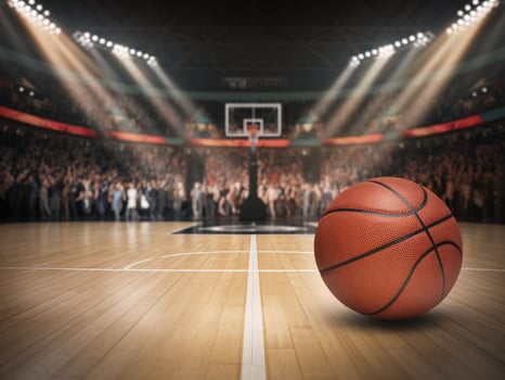A basketball on the court with a vibrant crowd in the background, capturing the excitement of the game. photo