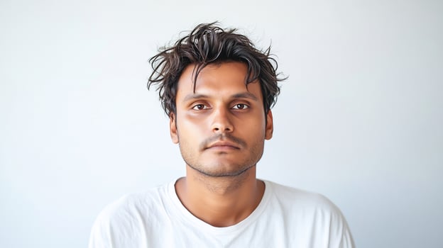 Portrait of young man with messy hair against solid background in studio lighting photo