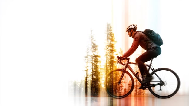 Cyclist riding bike through abstract forest sport and active lifestyle photo