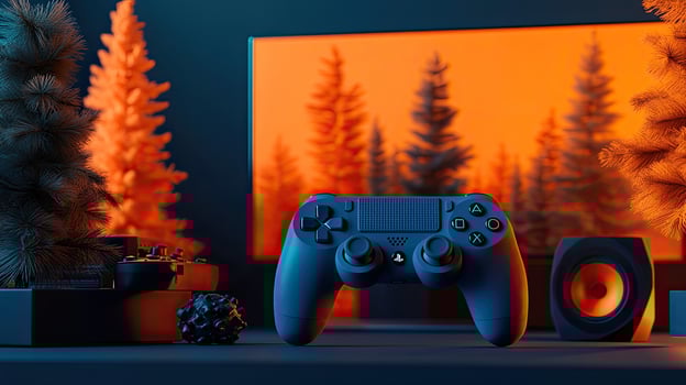 Dark blue controller sits before vibrant television showing orange forest landscape indoors photo