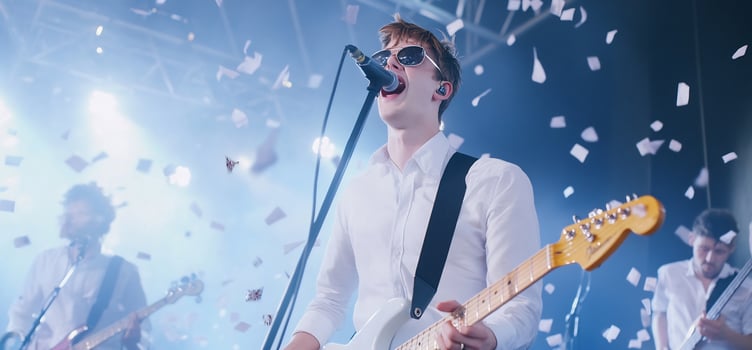 Band performing on stage during concert with confetti and bright lights photo