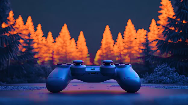 Blue game controller presents itself against a luminous orange forest background at night for gaming fun photo