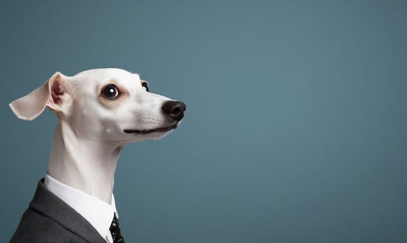 Dog in business suit profile studio portrait of white animal wearing formal attire against blue background photo