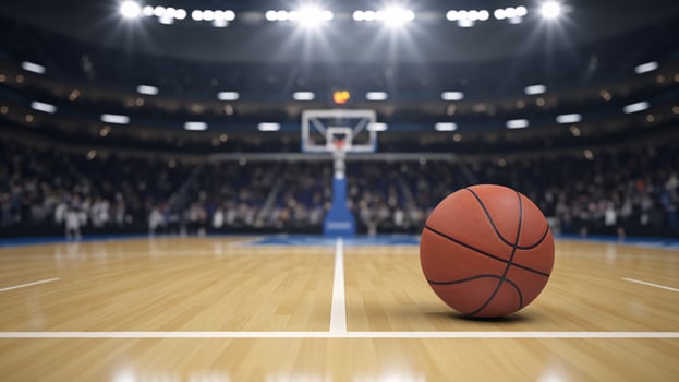 A close-up of a basketball on an empty court, illuminated by bright arena lights, evoking anticipation. photo