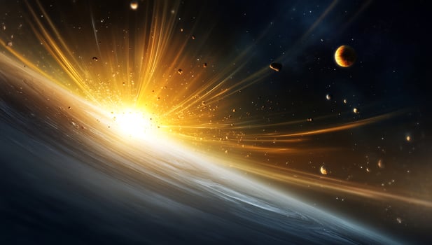 Cosmic light explosion with planets and space debris abstract illustration photo