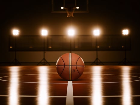 A basketball resting on the court, surrounded by bright studio lights, creating an energetic atmosphere. photo