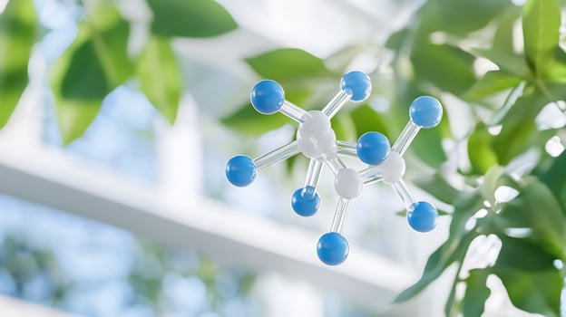 Molecular structure model with green leaves background for science education photo