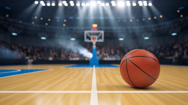 A basketball lies on the wooden court, illuminated by bright arena lights, ready for play. photo