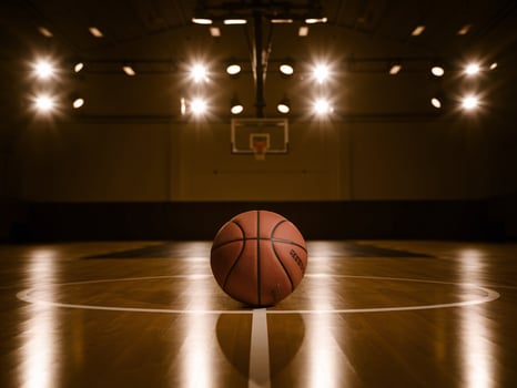 A basketball sits in the center of an empty indoor court, illuminated by bright overhead lights. photo