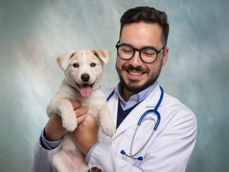 Smiling male veterinarian with glasses holding a happy puppy against a soft background. photo