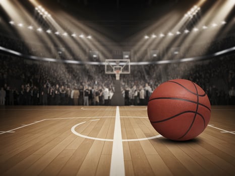 A basketball on a polished court with bright lights illuminating a cheering crowd in the background. photo