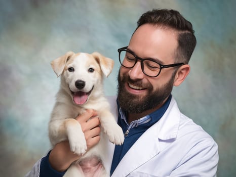 Smiling man with glasses holds a playful puppy, showcasing warmth and connection in a vibrant setting. photo