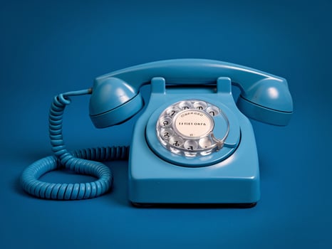 Classic blue rotary phone against a vibrant blue background, showcasing vintage design and charm. photo