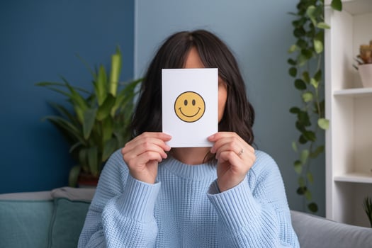 Young woman holding a smiley face card in front of her face, surrounded by indoor plants. photo