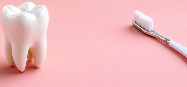 Dental health model with toothbrush on light pink background for oral care and hygiene photo