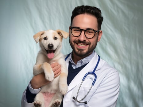 Smiling male veterinarian holding a playful puppy in a bright setting. photo