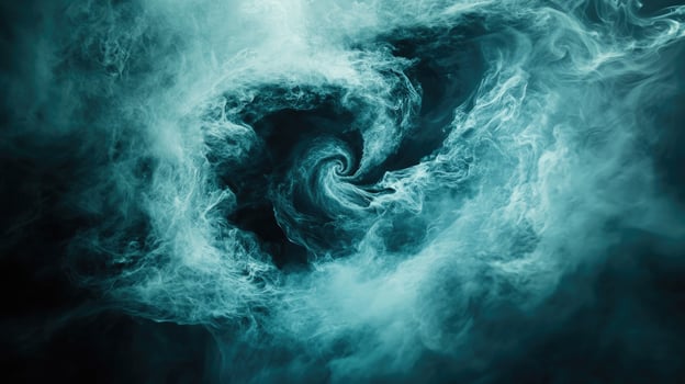 Turquoise smoke swirls in an atmospheric abstract vortex with a dark, transparent center photo