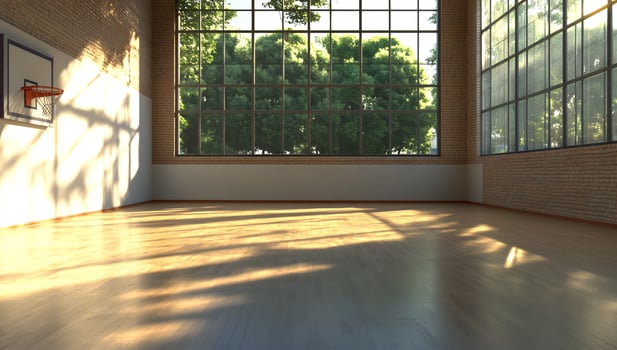 Bright empty gymnasium with sunlight and large windows for sport and recreation photo