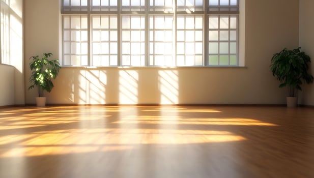 Sunlit interior with hardwood floor and potted plants by the windows photo