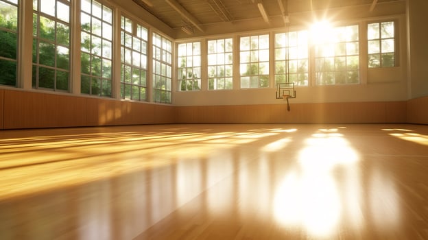 Empty gymnasium interior sunlight and shadow on polished wood floor photo