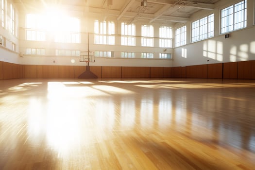 Bright gymnasium interior with sunlight streaming through windows photo
