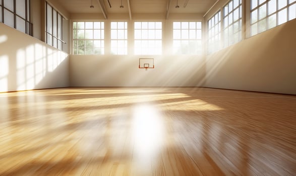 Empty gymnasium interior with sunlight on hardwood floor photo