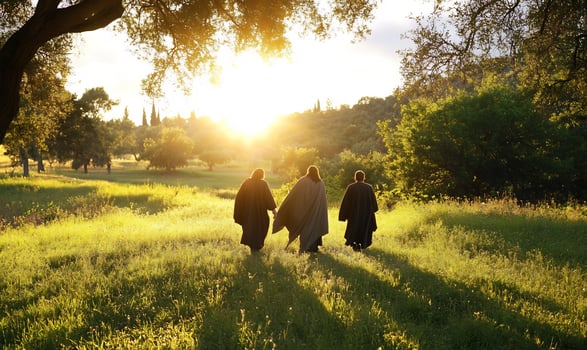 Figures walk through sunny meadow landscape photo