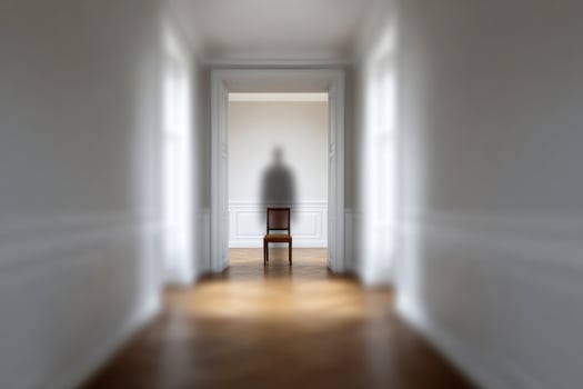 A shadowy silhouette looms over an antique chair, evoking All Hallows Eve mysteries and Imbolc introspections, spectral ambiance photo