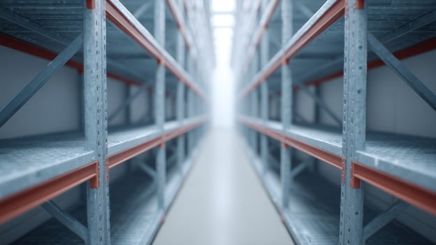Sparse warehouse shelves in an endless corridor, evoking minimalist zen, Industrial Organization Day, and International Empty Shelves Week photo