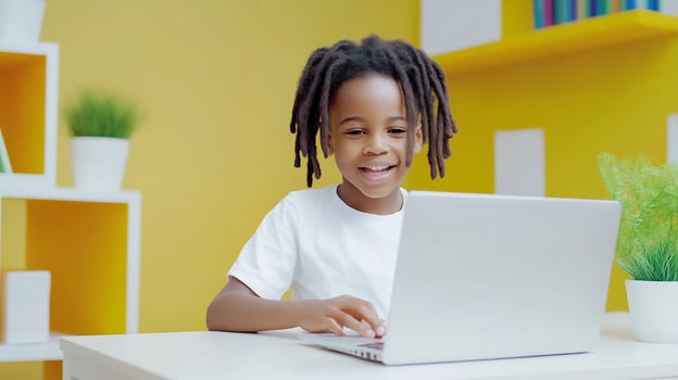 Child engaged with laptop for education and technology photo
