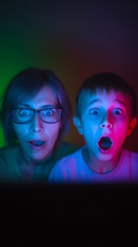 Spectral glow bathes a captivated Hispanic mother and child, perfectly embodying Dia de Muertos mysterious enchantment and surprise photo