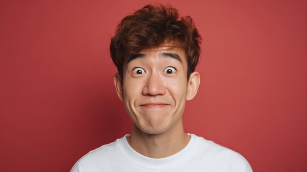A joyful Asian male facial expression, beaming curiosity, captures the exuberance of Smile Power Day and World Happiness Fest photo