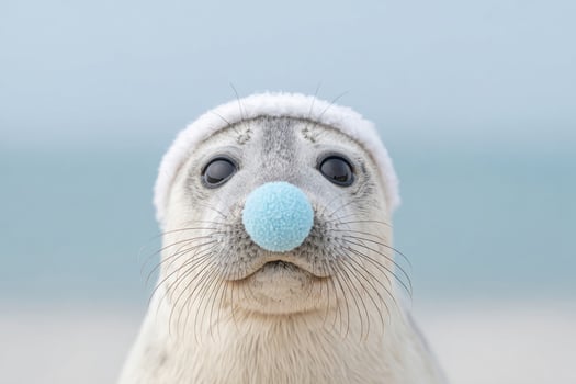 Adorable seal with a whimsical blue nose playfully captures winter wonderland spirit, resembling Arctic festivities and Seal Day photo