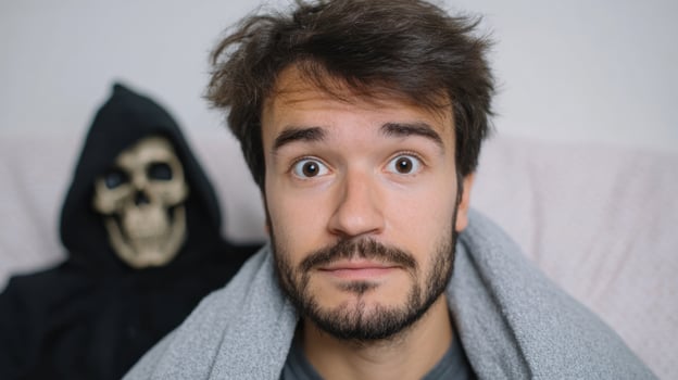 A bewildered young man wrapped in a cozy gray blanket stares skeptically, face to face with a cloaked skeleton Halloween peculiarities meet Dia de los Muertos intrigue photo
